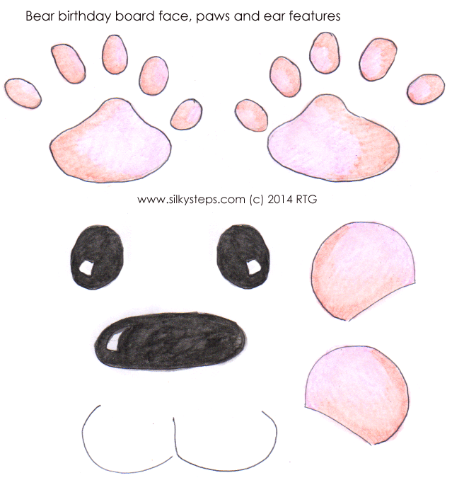 Bear face, nose eyes, ears, paw pad features - preschool watercolour, illustrated printable resource