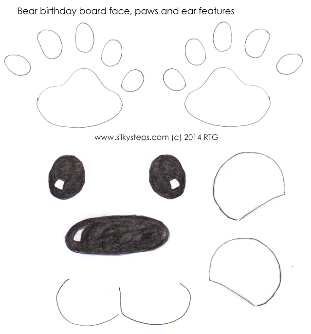 Outline bear face, nose eyes, ears, paw pad features - preschool watercolour, illustrated printable resource