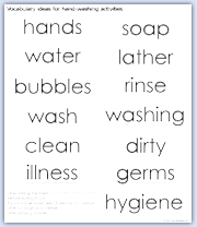 Words for vocabulary when exploring hand washing activities
