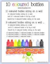 10 coloured bottles sitting on a wall - rainbow preschool activity