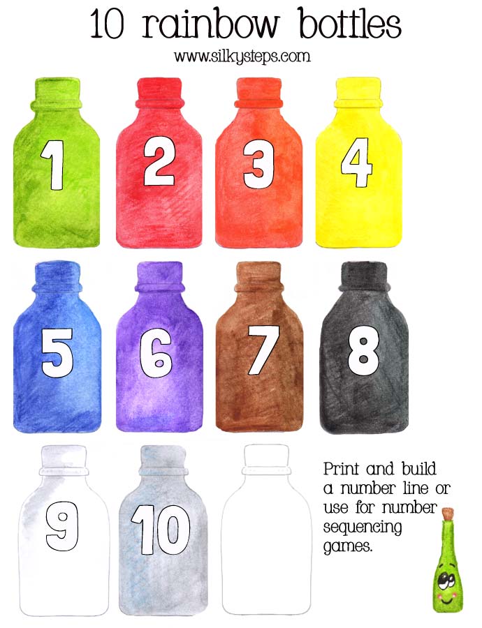 10 rainbow coloured bottles printable play resources for preschool number
