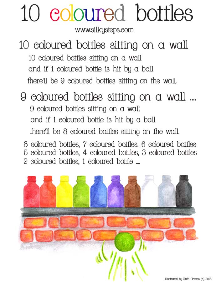 10 rainbow coloured bottles sitting on a wall rhyme song lyrics