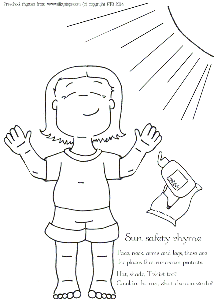 Preschool summer sun safety rhyme - staying safe with suncream colouring picture
