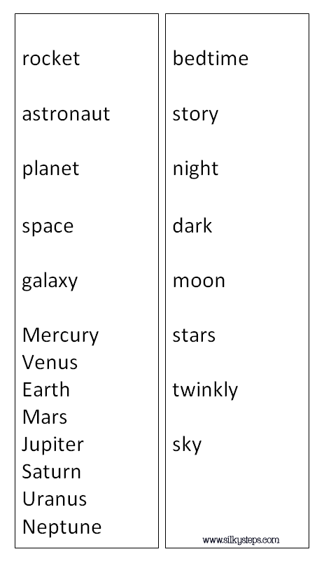 Word list for night time sky - space and the galaxy