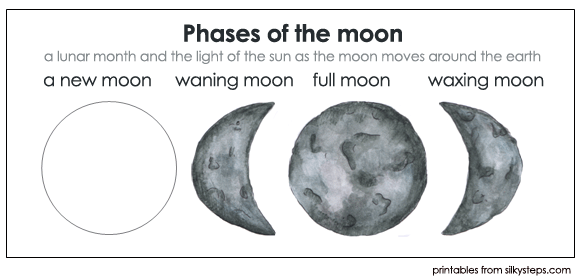 phases of the moon - waxing to full, full to waning, waning to new moon