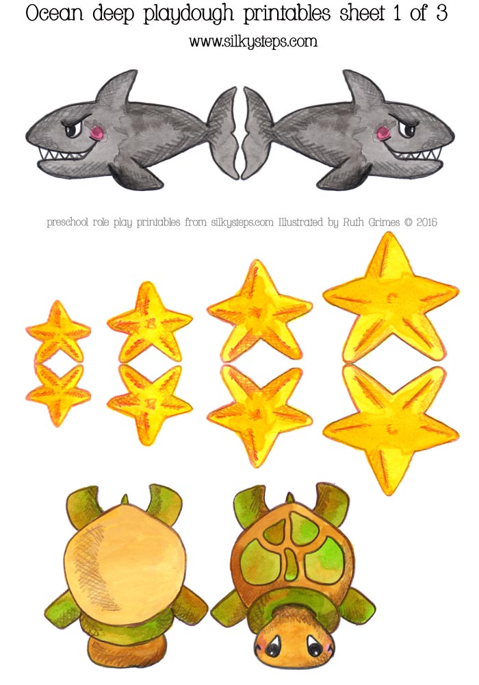 Playdough role play character printables - Ocean sea shark starfish and turtle