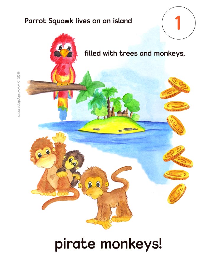Page 1 of Parrot Squawk and the monkey pirates story printable - &copy;2015 RTG www.silkysteps.com
