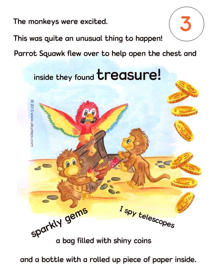 Page 3 of Parrot Squawk and the monkey pirates story printable - ©2015 RTG www.silkysteps.com