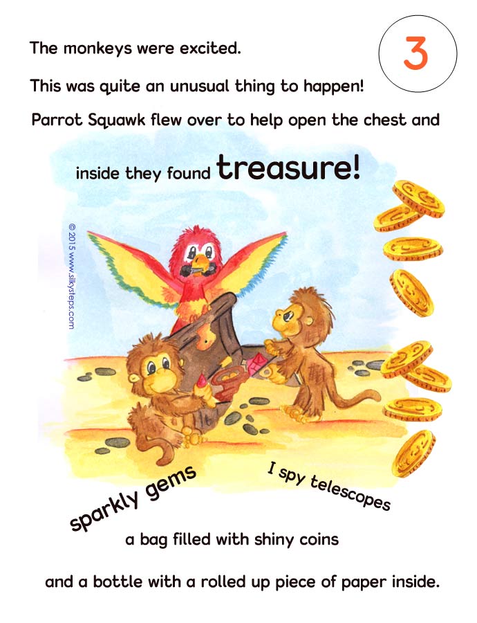 Page 3 of Parrot Squawk and the monkey pirates story printable - &copy;2015 RTG www.silkysteps.com