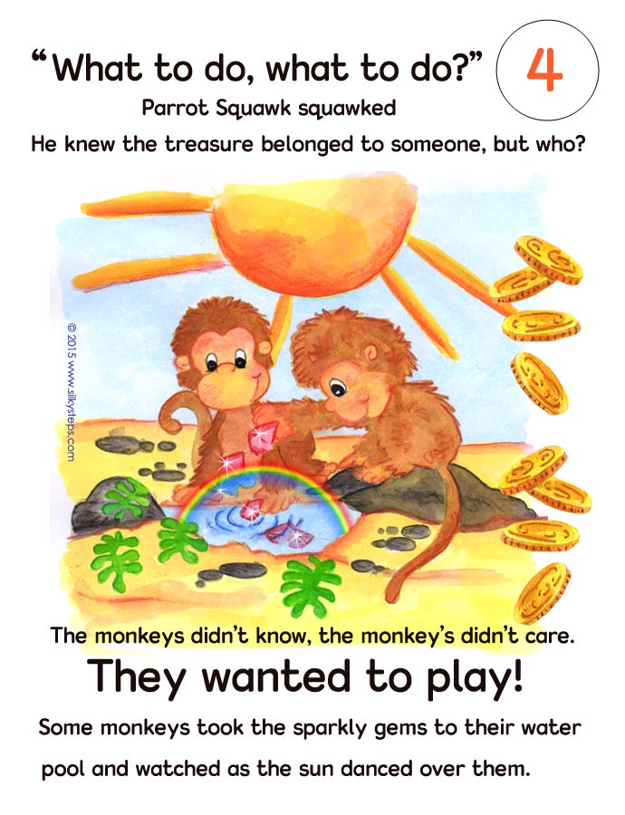 Page 4 of Parrot Squawk and the monkey pirates story printable - &copy;2015 RTG www.silkysteps.com