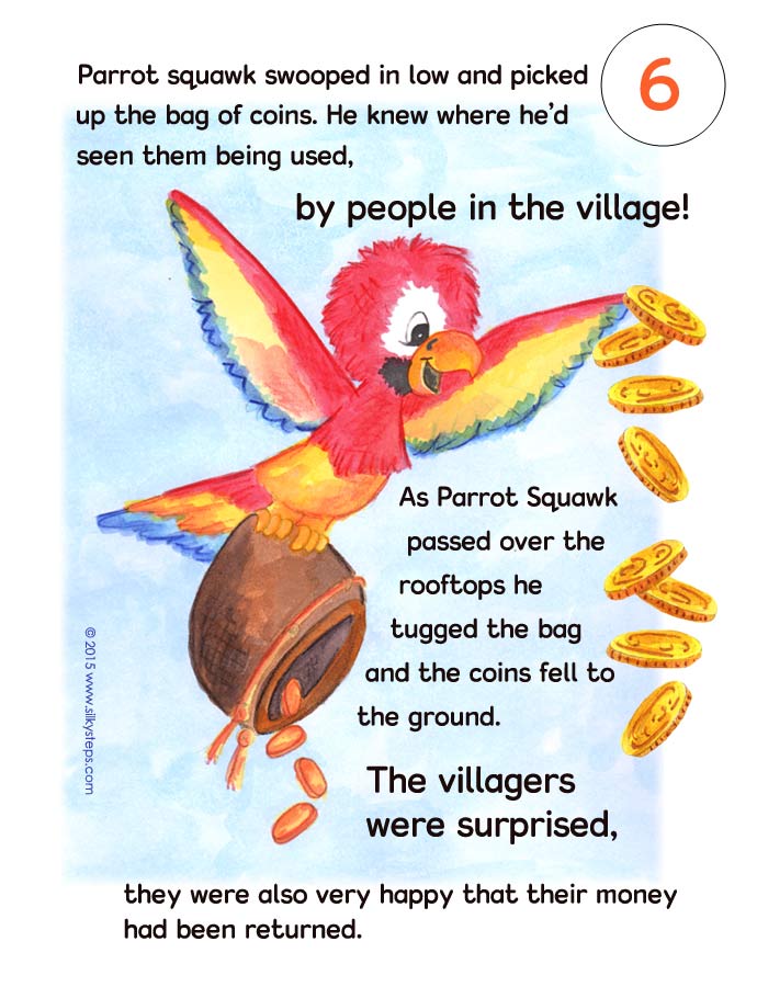 Page 6 of Parrot Squawk and the monkey pirates story printable - &copy;2015 RTG www.silkysteps.com
