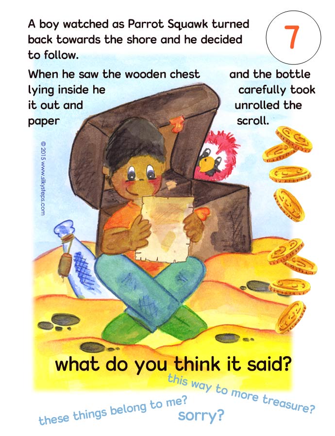 Page 7 of Parrot Squawk and the monkey pirates story printable - &copy;2015 RTG www.silkysteps.com