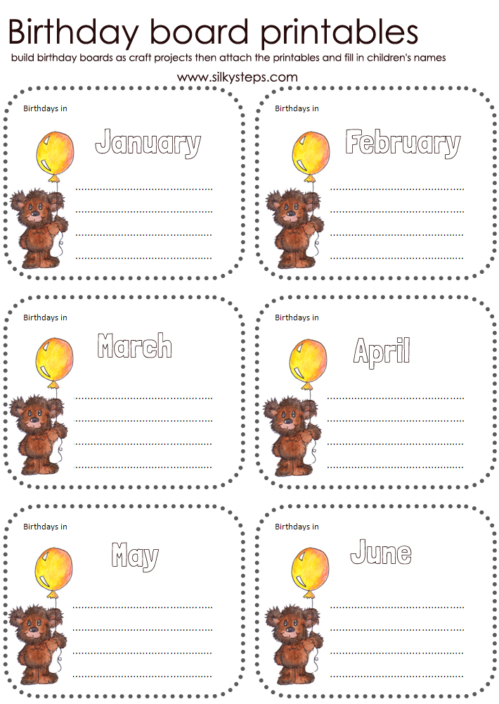 Balloon bear birthday board printables - months July to December