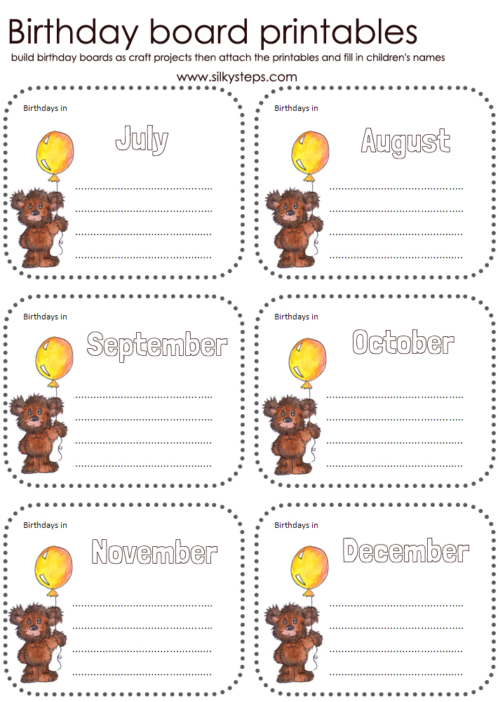 Balloon bear birthday board printables - months July to December