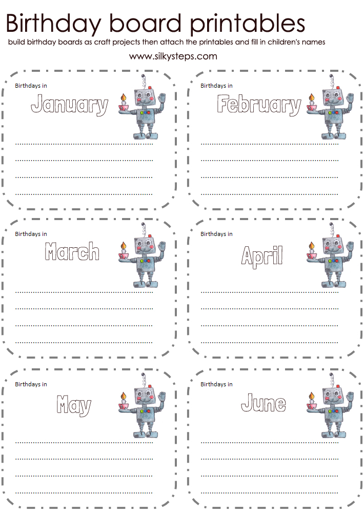 Robot birthday board printables - months January to June