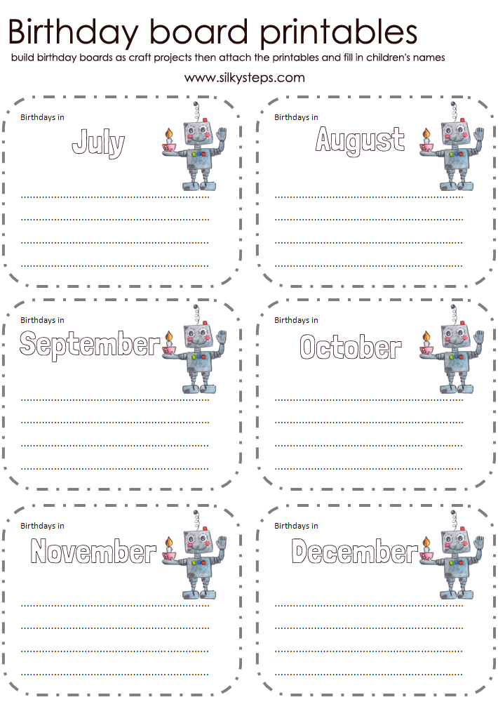 Robot birthday board printables - months July to December