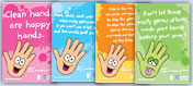 Happy hands are clean hands - download posters 1- 4 from wash your hands of them.com