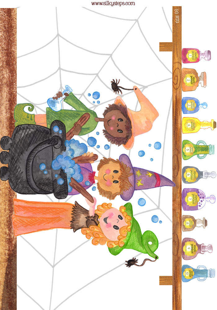 3 stirring witches make a cauldron potion ready to bottle and sell ..