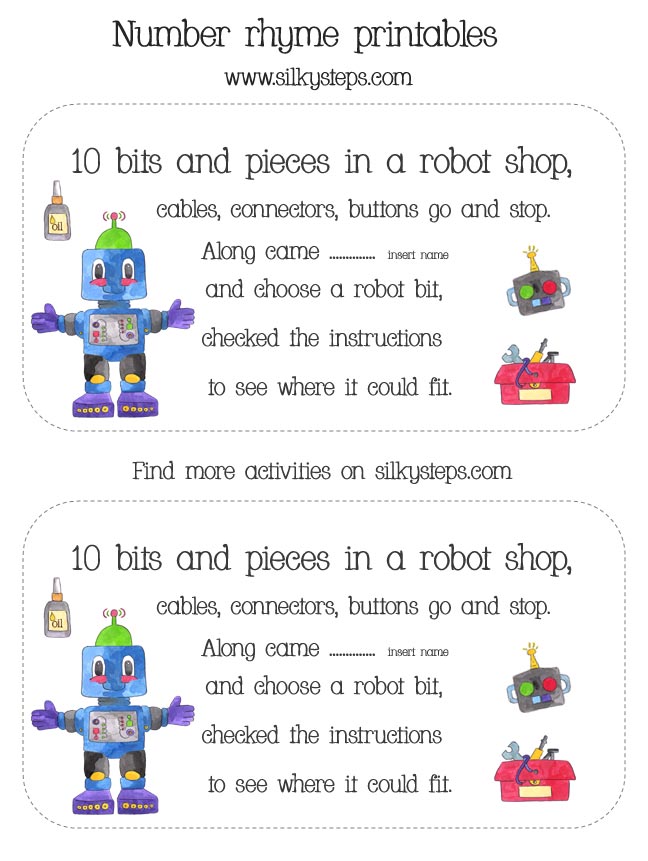 10 bits and pieces in a robot shop - number rhyme counting song card