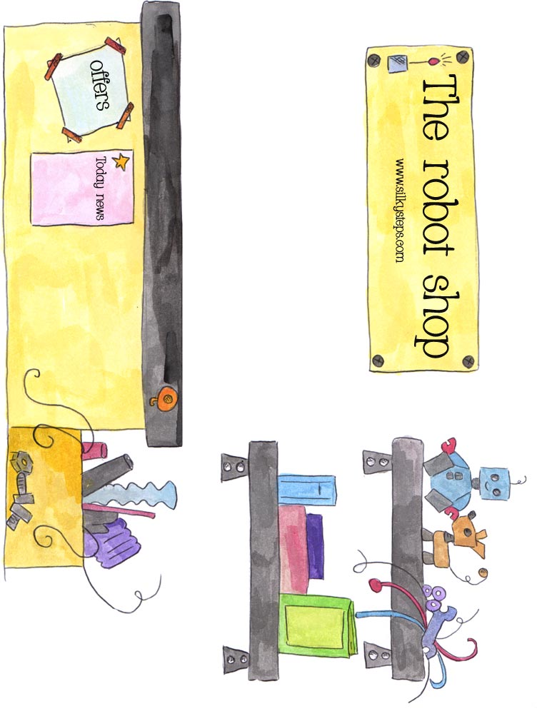 Illustrated colour robot bits and pieces shop - counting rhyme role play