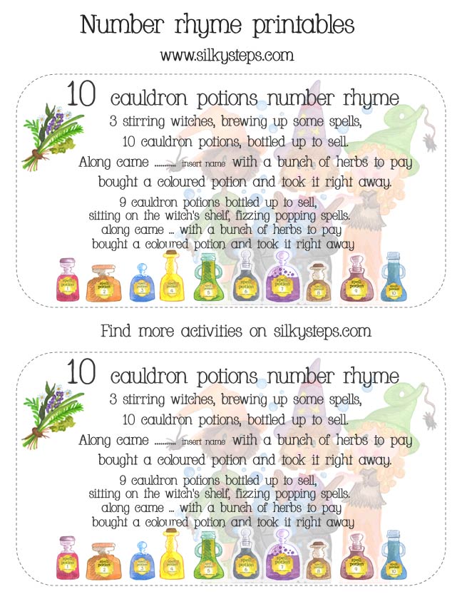 10 Cauldron potions bottled up to sell number rhyme pritable counting song cards