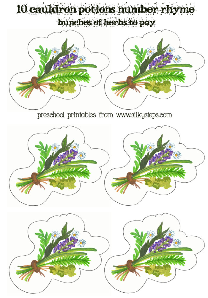 Bunches of herbs to pay for the cauldron potions - preschool role play number rhyme