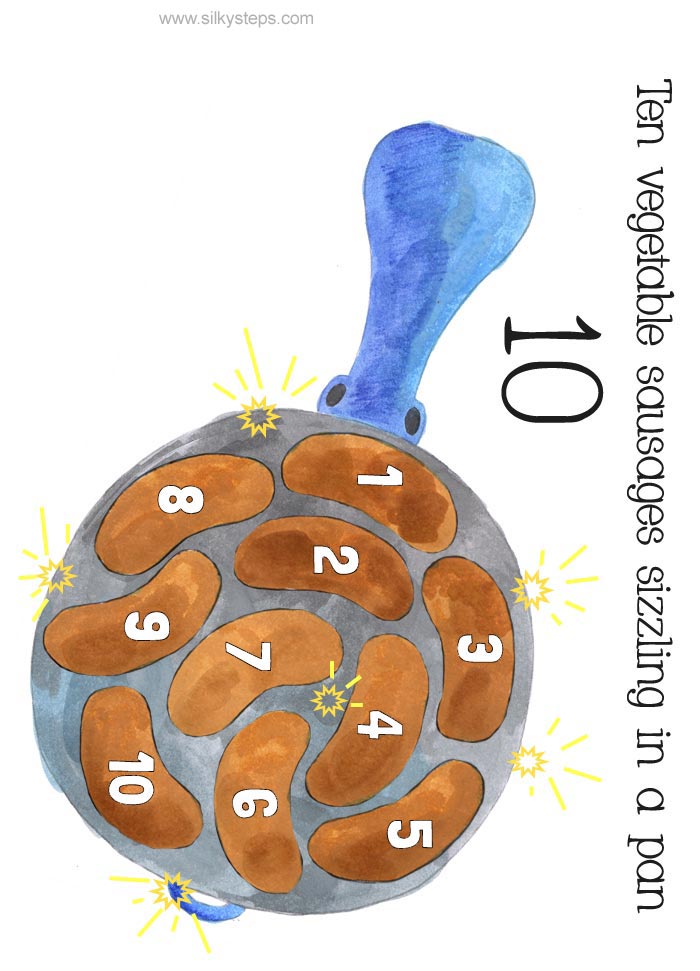 10 numbered veggie sausages sizzling in a frying pan A4 printable picture