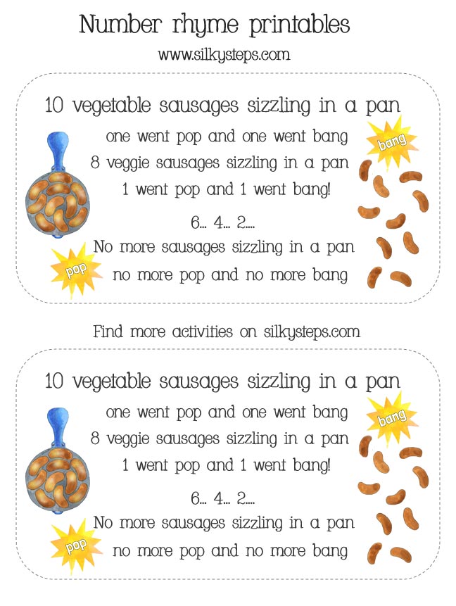 Ten veggie sausages sizzling in a pan - preschool number counting rhyme cards