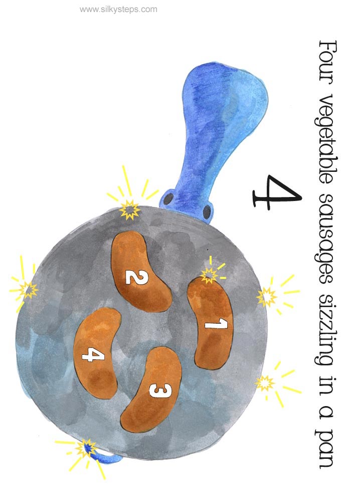 4 vegetarian sausages sizzling in a frying pan colour printable