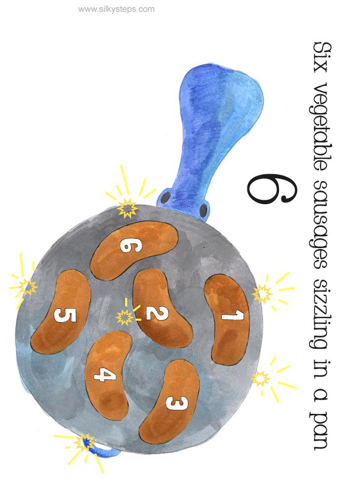 6 vegetable sausages sizzling in a frying pan colour printable