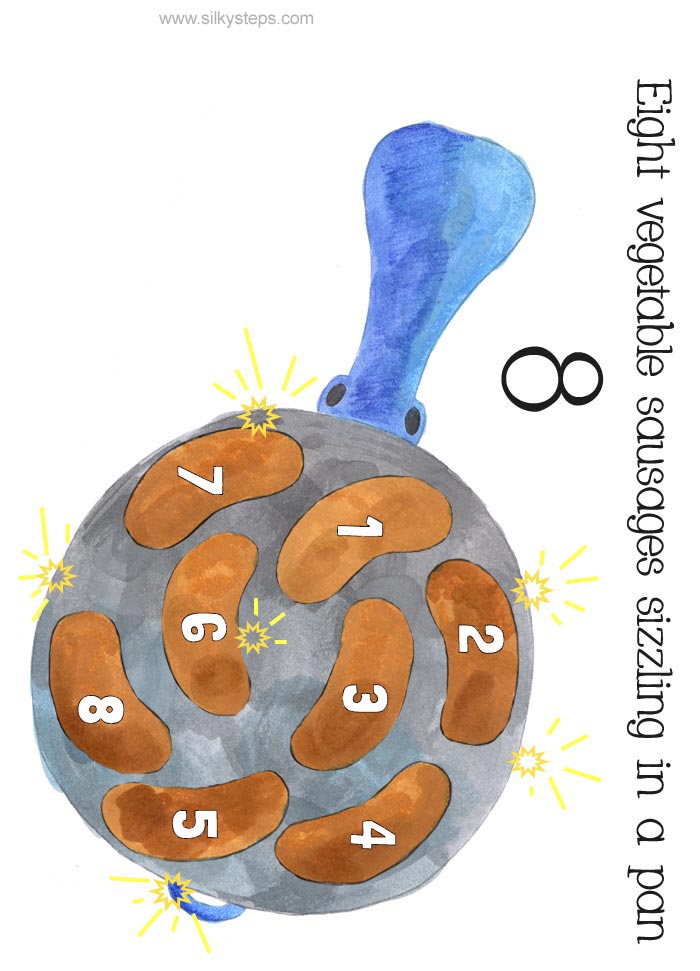 8 numbered vegetable sausages sizzling in a frying pan A4 printable picture