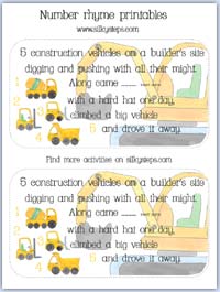 5 construction vehicles on a builders site - preschool nursery number rhyme card