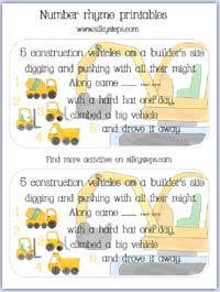 5 construction vehicles on a builders site - preschool nursery number rhyme card