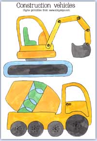 Digger and cement mixer colour printables for preschool nursery numbe rrhyme activities