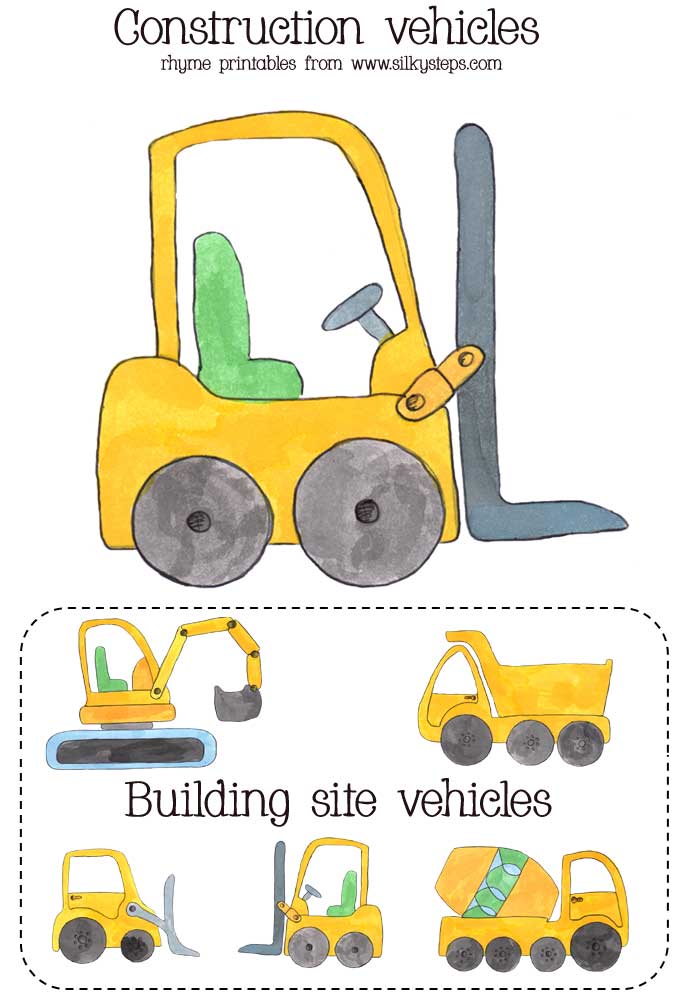 Forklift truck colour preschool printable and construction vehicles identification card