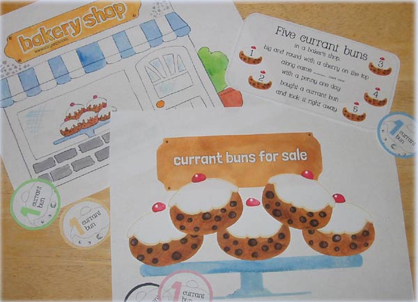 5 currant bun number rhyme props clipart and printable activity resources