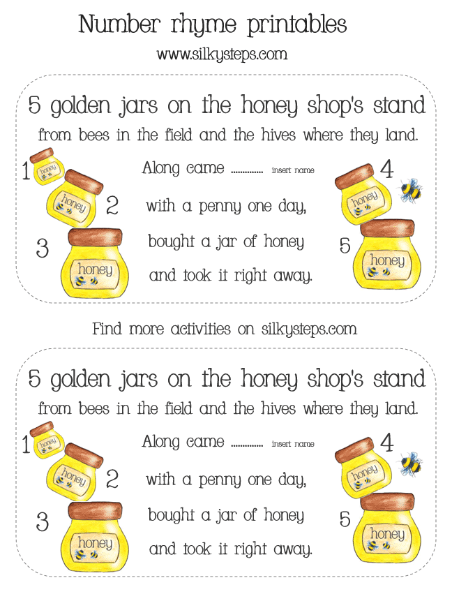 5 golden jars on the honey shop's stand preschool number rhyme cards