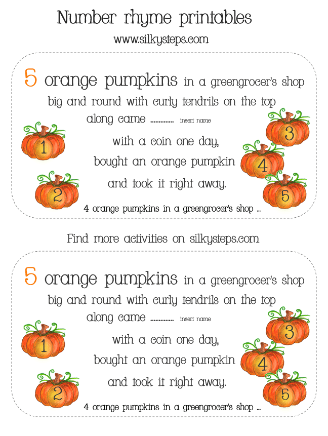 5 orange pumpkins - number rhyme card printable