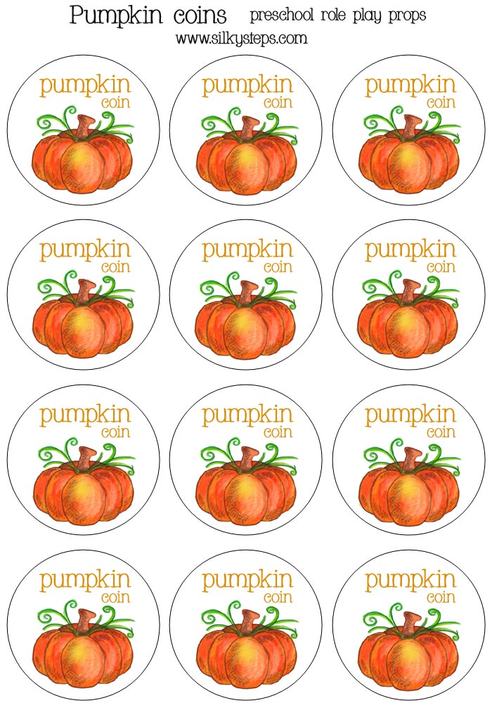 Pumpkin themed role play coins - tokens for the number rhyme preschool counting game