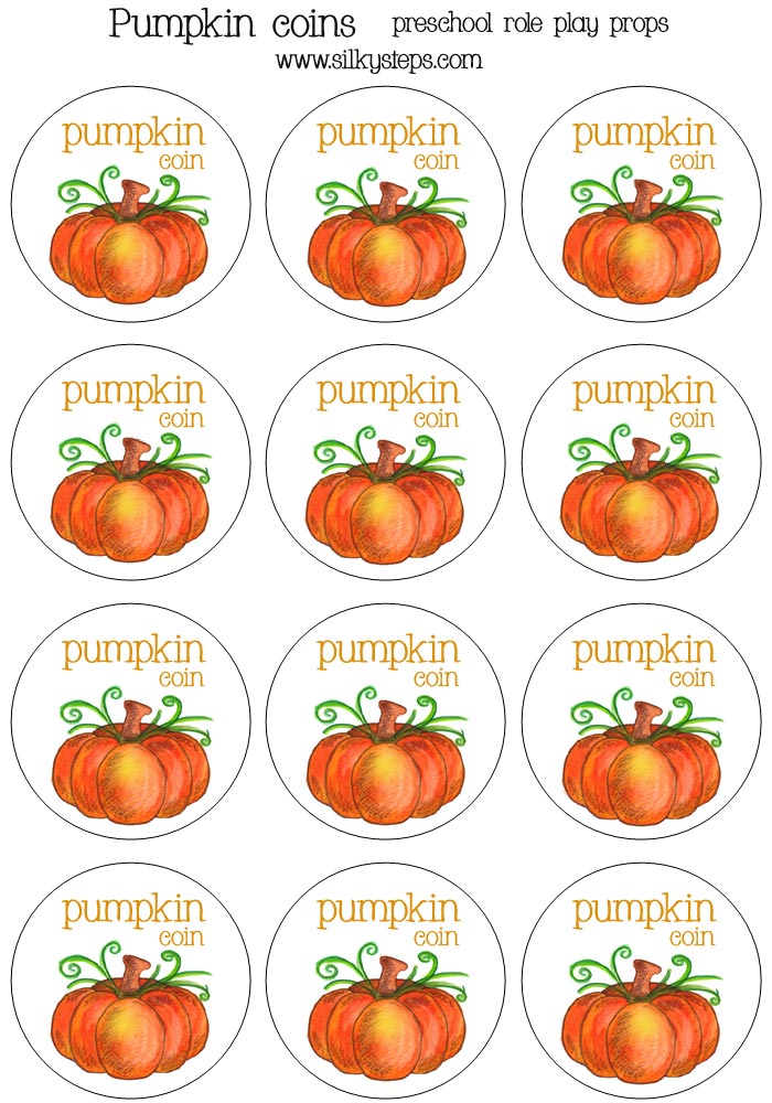 Pumpkin themed role play coins - tokens for the number rhyme preschool counting game