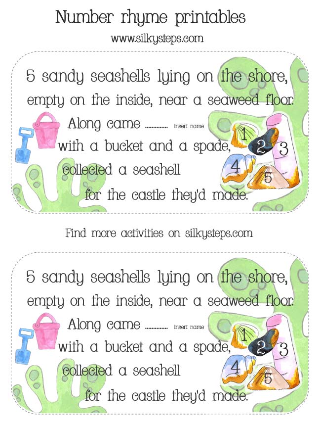 5 sandy seashells number rhyme card - printable resources