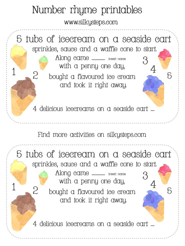 5 tubs of icecream on a seaside cart - preschool early years number rhyme cards