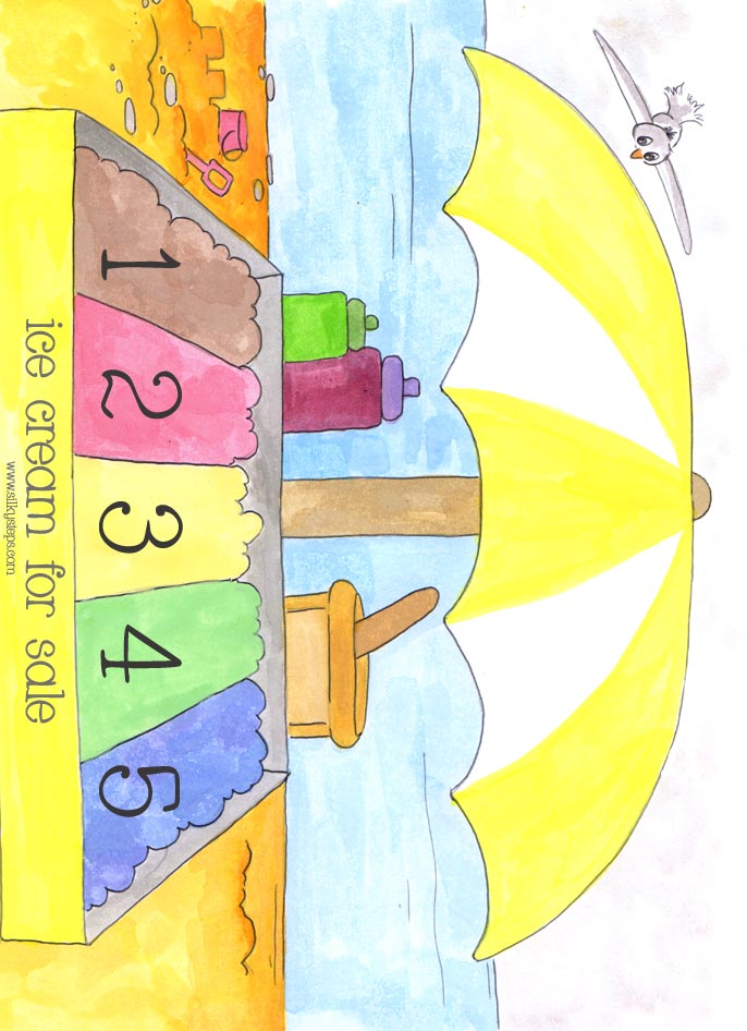 5 tubs of icecream on a seaside cart colour role play sheet