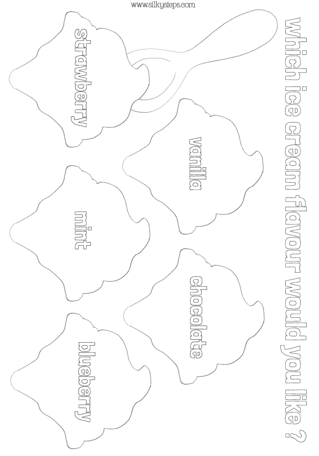 Outline colouring picture for serving flavoured ice creams during number rhyme activities