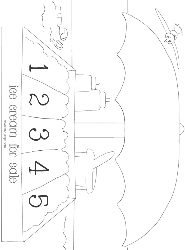 5 tubs of icecream on a seaside cart - outline colouring picture for summer time number rhymes