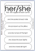 Her and she version of the Bear's bedtime nursery rhyme sequencing slips