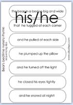 His and he version of the Bear's bedtime nursery rhyme sequencing slips