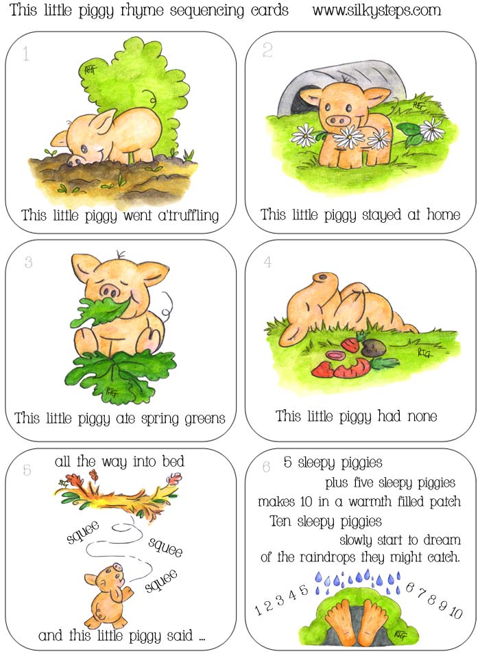This little piggy nursery rhyme sequence cards - order the rhyme, sing aloud the lyrics, role play piggies on finger tips if toes are unavailable