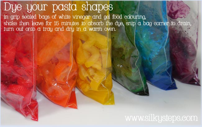 colouring pasta shapes with food dye for craft activities
