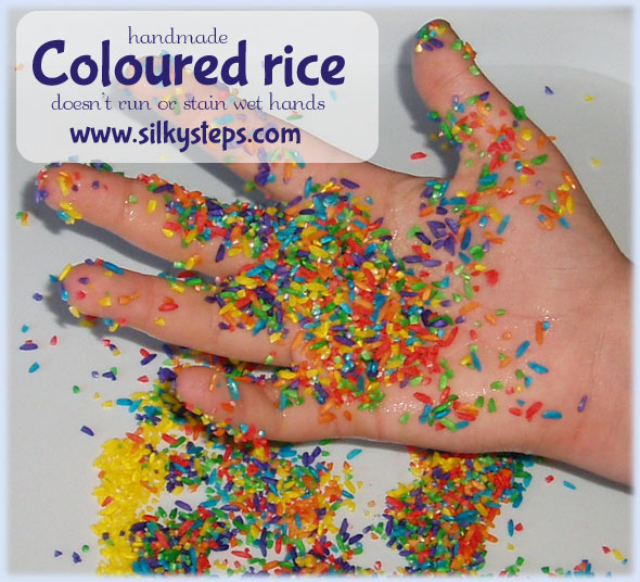 Rice that's been coloured and set using vinegar does not run or stain wet hands